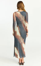 Margot Midi Dress - High Neck Long Sleeve Mesh Dress in Rust Print