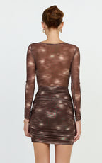 Zita Mini Dress - High Neck Long Sleeve Bodycon Mesh Dress in Chocolate Blurred Print