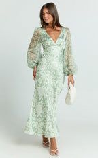 Freollyn Midi Dress - Deep V Neck Long Sleeve Dress in Sage