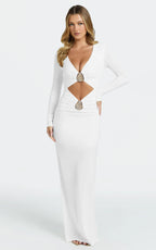 Dakota Maxi Dress - Long Sleeve V Neck Bodycon Dress in Cream