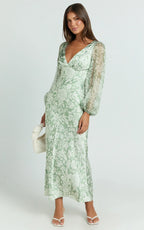 Freollyn Midi Dress - Deep V Neck Long Sleeve Dress in Sage