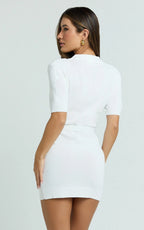 Jenner Mini Dress - Henely Button Front Short Sleeve Fitted Skirt Knit Dress with Hardware Detail in White
