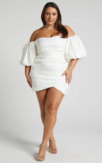 Betty Mini Dress - Off Shoulder Puff Sleeve Gathered Dress in White