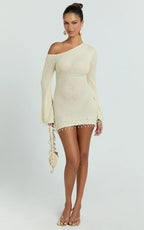 Izira Mini Dress - Knit One Shoulder Long Sleeve Pearl Bead Dress in Ivory