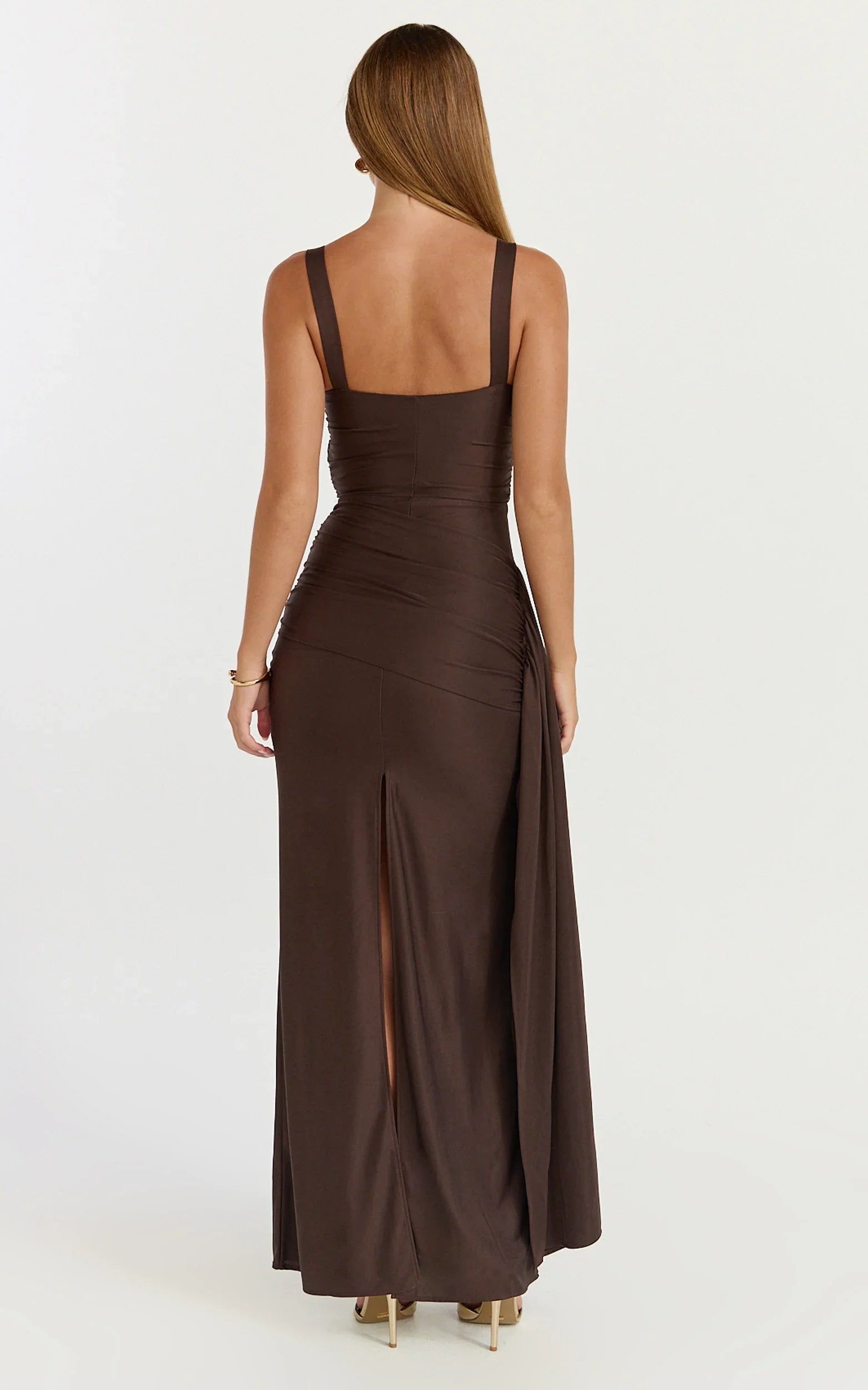 Roxanne Maxi Dress - Sweetheart Neck Gathered Bodycon Dress in Chocolate