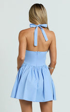 Etta Mini Dress - Plunge Halter Fit And Flare Dress in Cornflower Blue