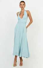 Vivia Maxi Dress - Gathered Waist Halter Dress in Blue