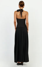 Poppy Maxi Dress - Contrast Skirt Deep Plunge Halter Dress in Black