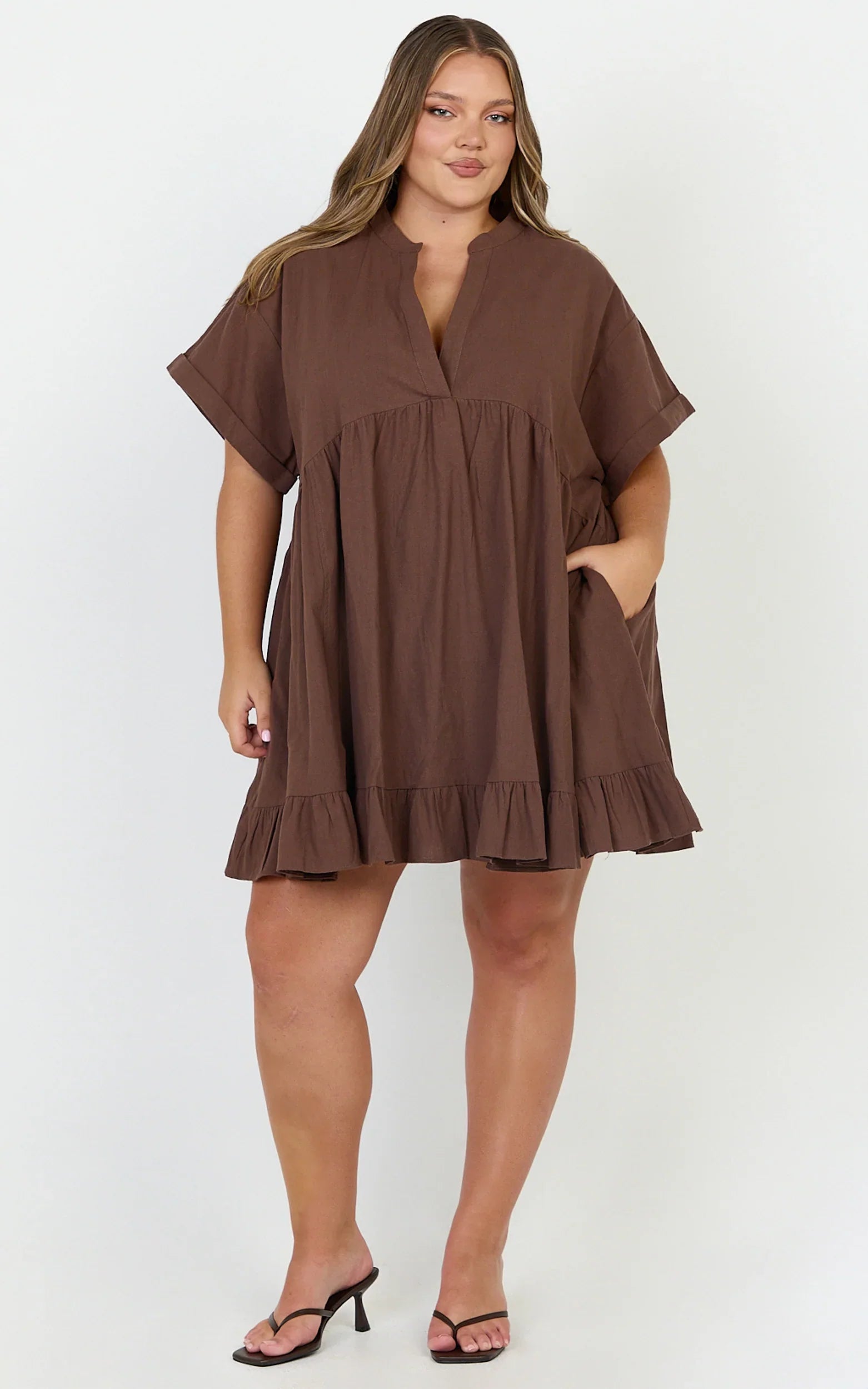 Calissa Mini Dress - Frill Hem Smock Dress in Chocolate