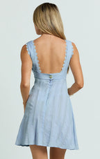 Suzannah Mini Dress - Square Neck Fit And Flare Dress in Blue