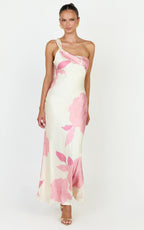 Eve Midi Dress - One Shoulder Slip Dress in Butter Floral