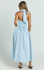 Helda Midi Dress - Halter Tie Neck Corset Panel Dress in Soft Blue