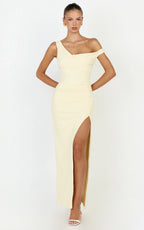 Rina Maxi Dress - Off Shoulder High Split Dress in Lemon