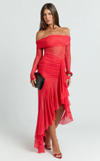 Noelle Maxi Dress - Off The Shoulder Gathered Waist Ruffle Dress in Red