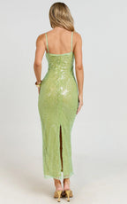 Sierra Midi Dress - Sequin Square Neck Bodycon Dress in Green