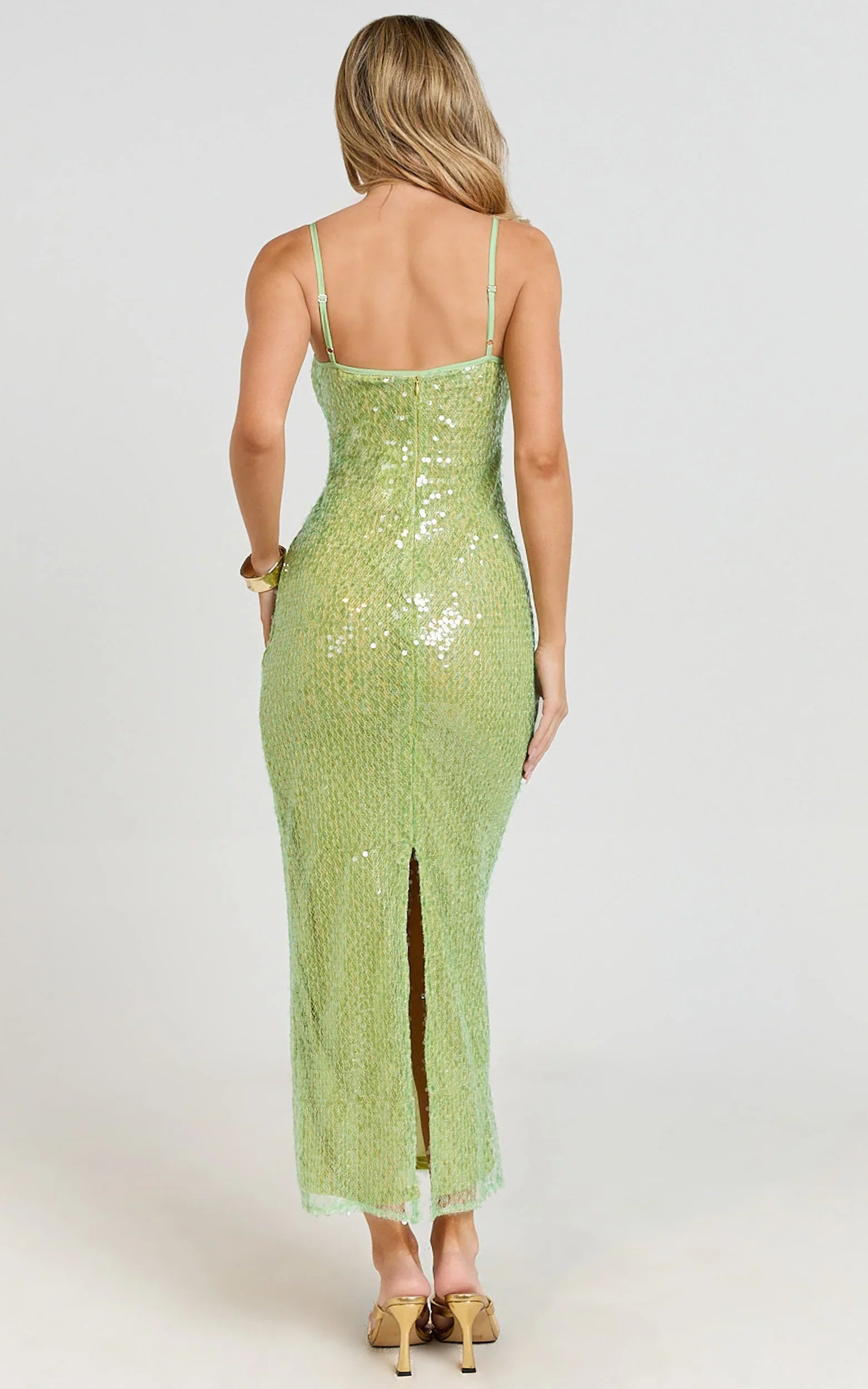 Sierra Midi Dress - Sequin Square Neck Bodycon Dress in Green