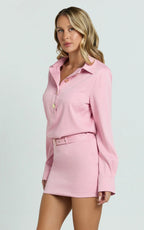 Vancouver Mini Dress - High Neck Collar Button Front Shirtdress in Pink
