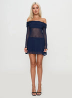 Virtues Long Sleeve Sheer Mini Dress Navy