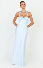 Flynn Maxi Dress - Satin Halter Sweetheart Neck Dress in Blue