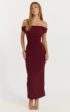 Lena Midi Dress - Off Shoulder Ruched Bodycon Dress in Wine