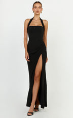 Kai Maxi Dress - Halter Neck High Split Dress in Black