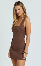 Sienna Mini Dress - Square Neck A Line Dress in Chocolate