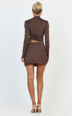 Tallulah Mini Dress - High Neck Side Ruched Cut Out Dress in Chocolate