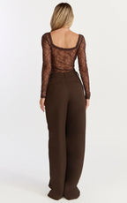 Cynthia Bodysuit - Long Sleeve Lace Bodysuit in Chocolate
