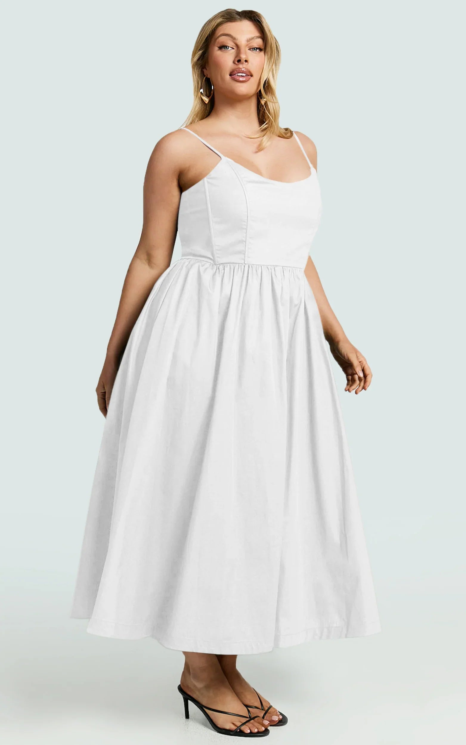 Braelyn Midi Dress - Scoop Neck Flare Dress in White
