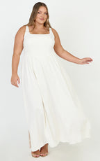 Rhaziya Midi Dress - Sleeveless Straight Neck Fit and Flare Dress in White