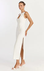 Lux Midi Dress - Front Keyhole Fitted Dress in White