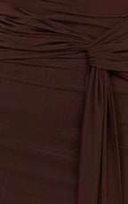 Jaimae Midi Dress - High Neck Side Knot Detail Mesh Dress in Chocolate