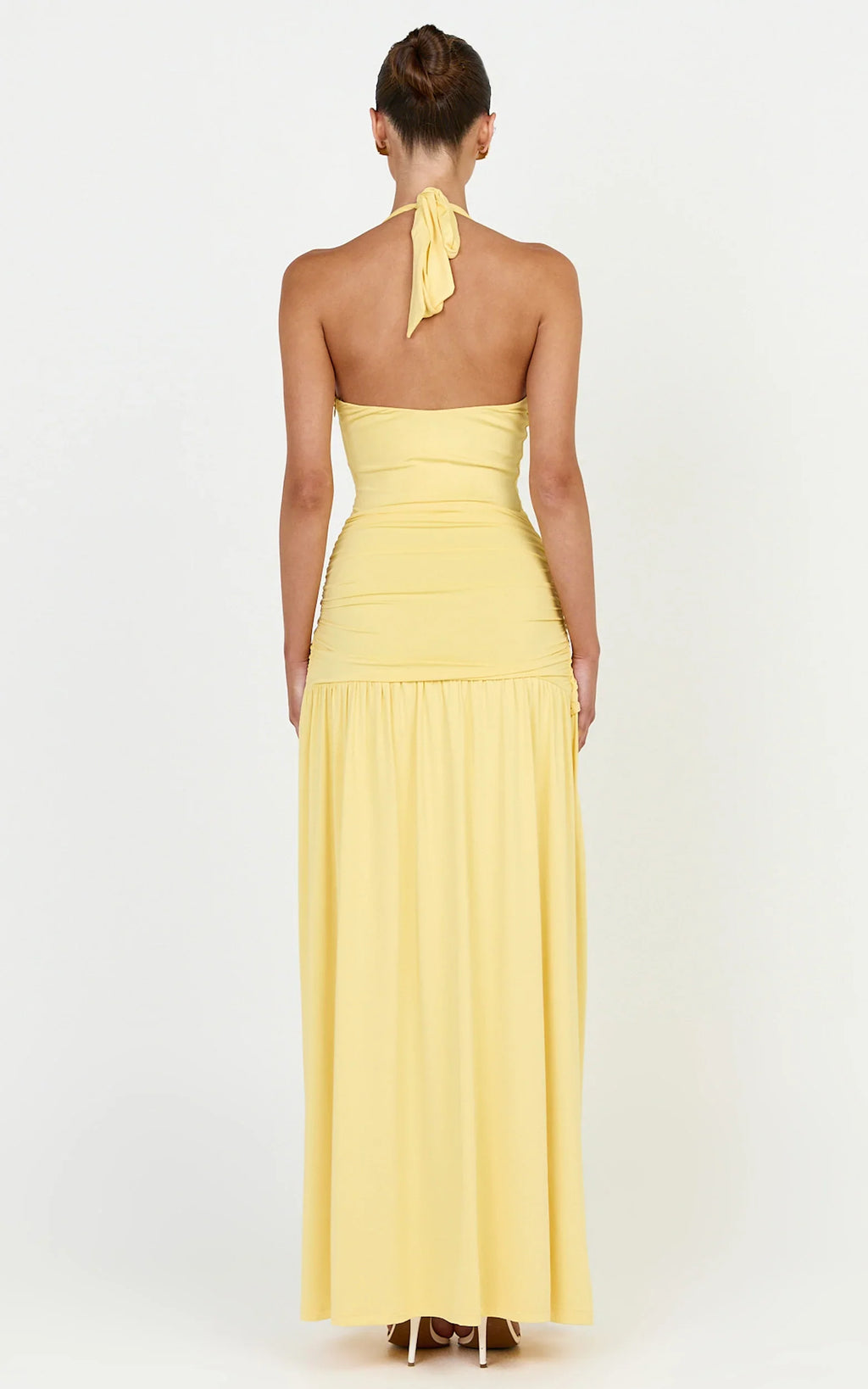 Phoenix Maxi Dress - Halter Neck Gold Trim Jersey Dress in Yellow
