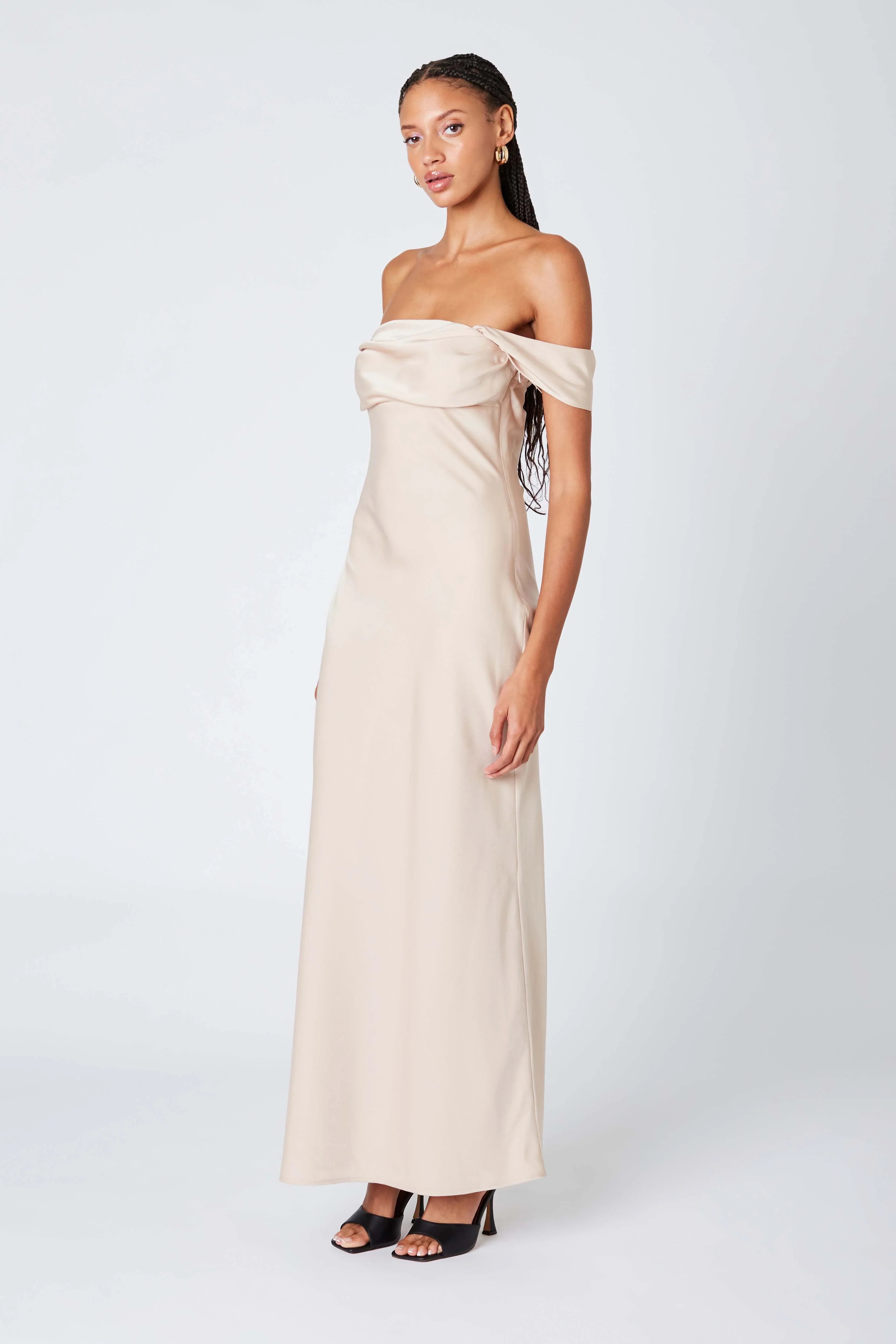 Satin Off the Shoulder Maxi Dress
