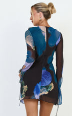 Solara Mini Dress - Long Sleeve Tie Front Dress in Midnight Resort Orchid Print