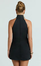 Polly Mini Dress - High Neck Keyhole Shift Dress in Black