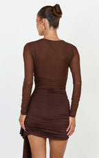 Jasmine Mini Dress - Long Sleeve Draped Skirt Overlay Dress in Chocolate