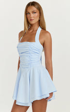 Anya Mini Dress - Halter Neck Gathered Top Drop Waist Fit And Flare Dress in Blue