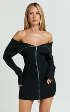 Madeline Mini Dress - Folded Off Shoulder Double Zip Hardware Front Knit Dress in Black