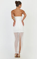 Sienna Midi Dress - Strapless Floral Embroidered Bodycon Dress in White