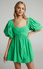 Vashti Mini Dress - Puff Sleeve Sweetheart Dress in Green