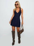 Say Goodnight Denim Halter Mini Dress Mid Wash