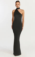 Seraphine Maxi Dress - Halter Neck Low Back Fit And Flare Dress in Black