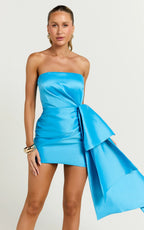 Jayce Mini Dress - Strapless Drape Dress in Blue