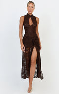 Nyla Midi Dress - Collared Keyhole Hip Tie Dress in Chocolate