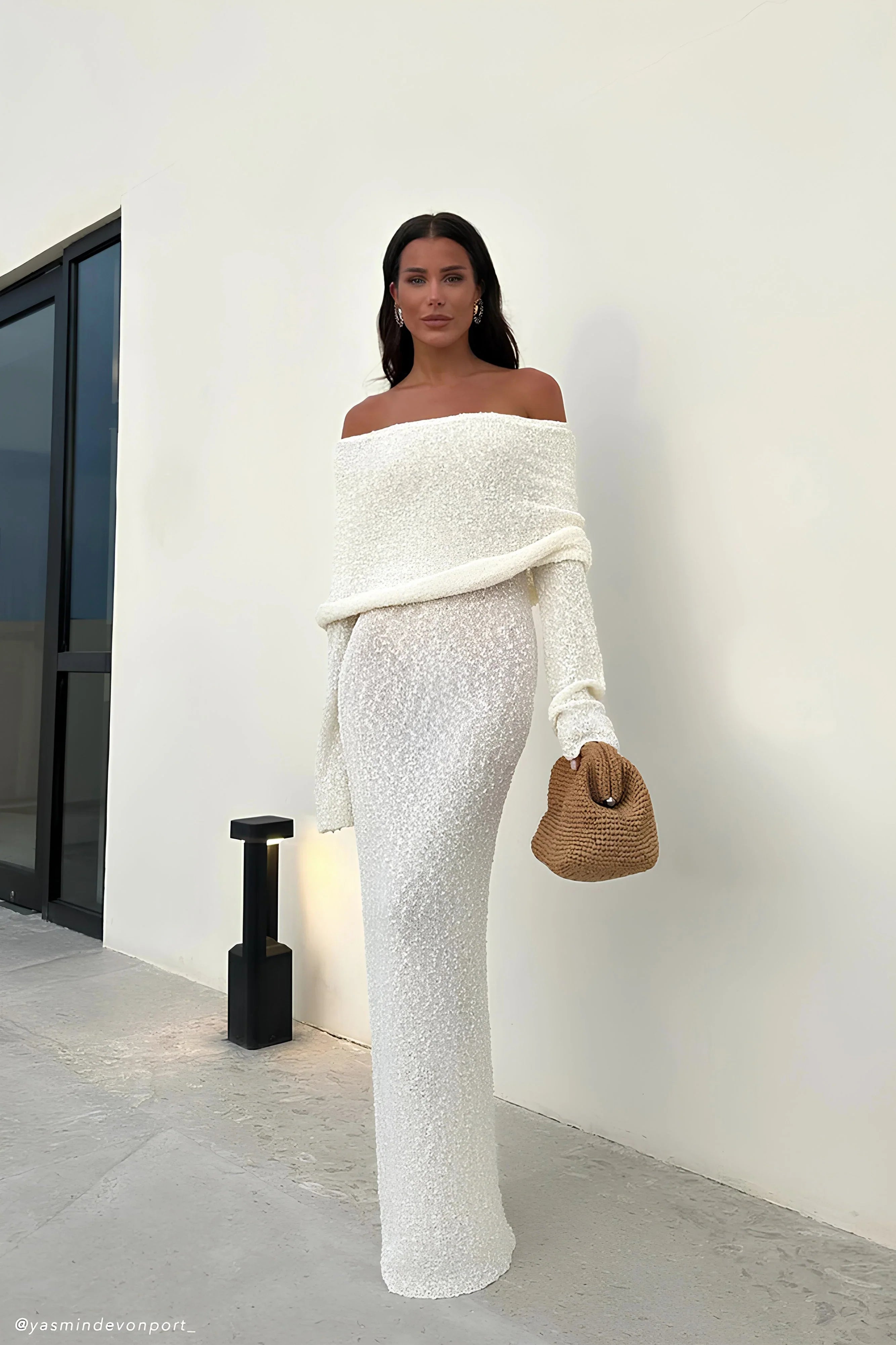 Marisol Off Shoulder Boucle Maxi Dress - Ivory