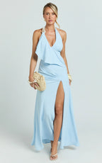 Faye Maxi Dress - Halter Neck Chain Detail Front Draped Leg Split Dress in Blue