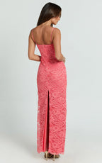 Carli Maxi Dress - Adjustable Strap Corset Bodycon Lace Dress in Watermelon