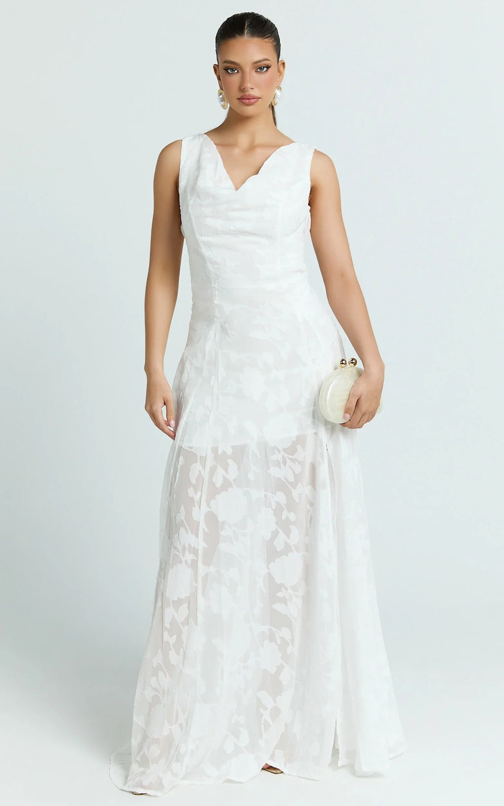 Ziva Maxi Dress - Jacquard Cowl Neck Dress in White
