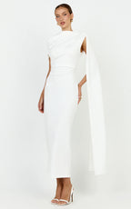 Visenta Midi Dress - Asymmetrical Sleeve Dress in White